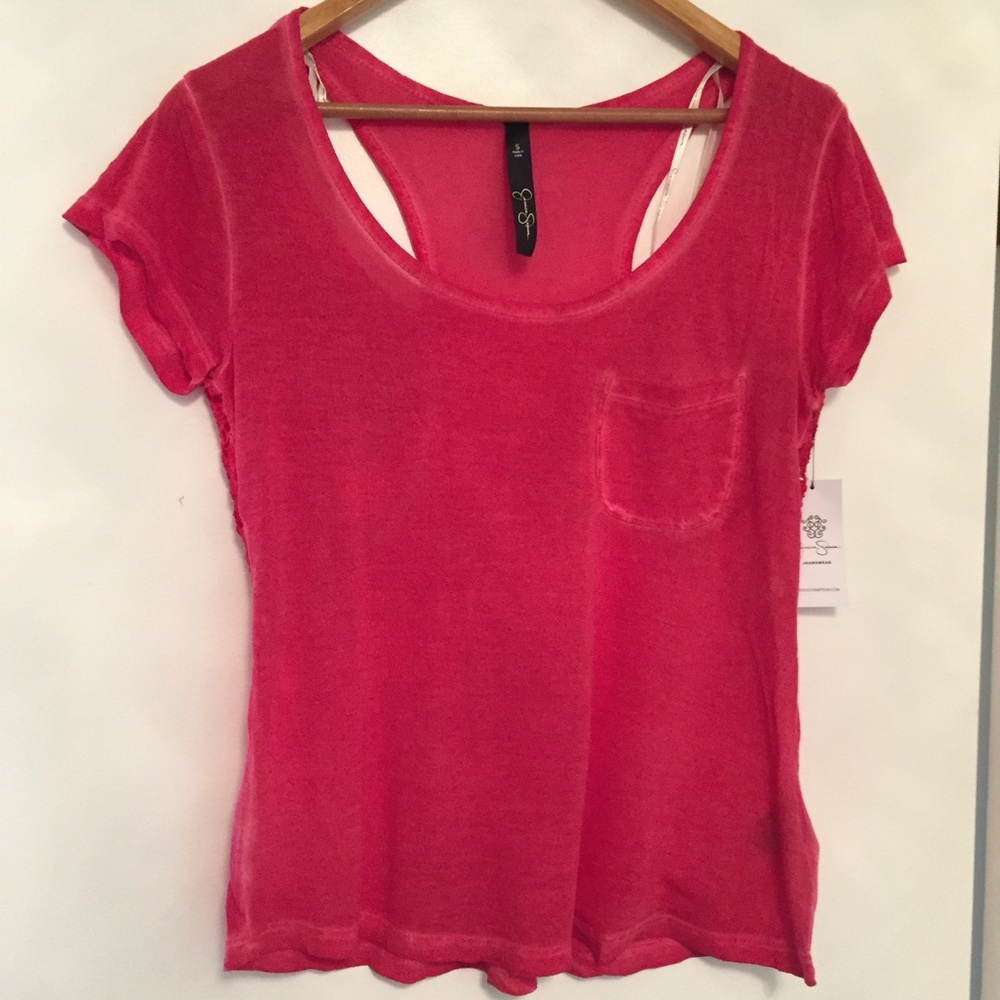 Flowy pink racer back/ lace cap sleeve shirt